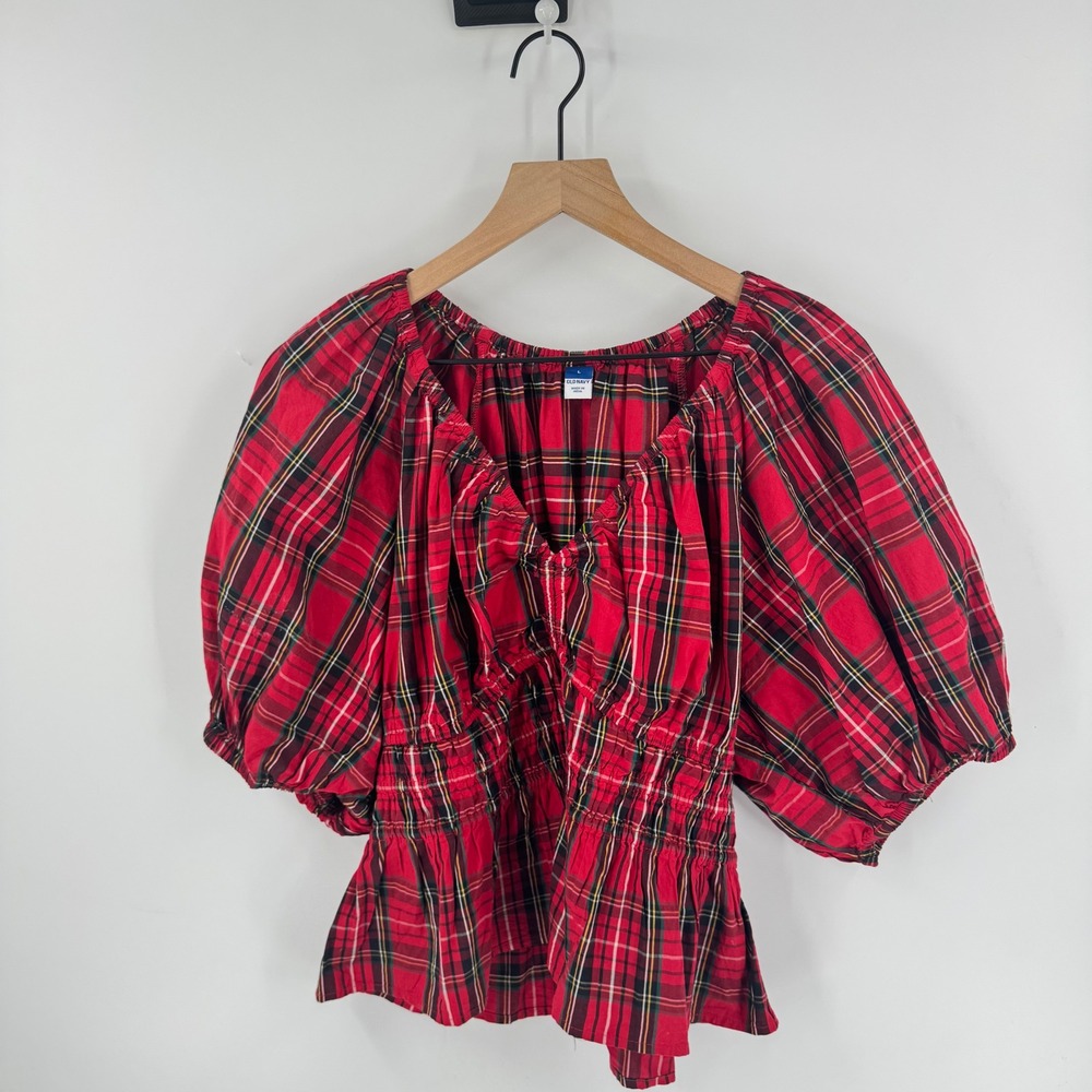 Old Navy Red Tartan Plaid Blouse Large Puff Sleeve Smocked Waist Peplum Holiday